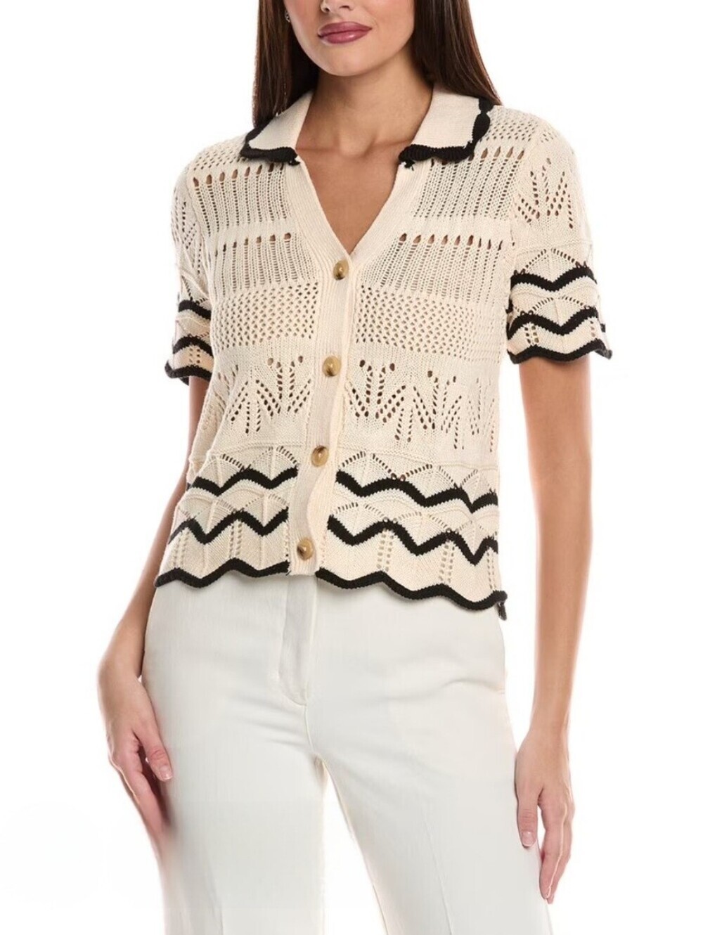 Nanette Lepore NWT Open Knit Cardigan Sweater Cream Black Scallop Trim Size L.